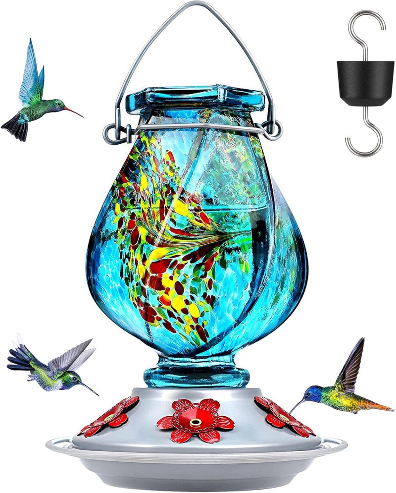BOLITE Hummingbird Feeder, Hand Blown Glass Hummingbird Feeders for Outdoors Hanging, with Ant Moat and 5 Feeding Ports, 22 Ounces, Blue, Birthday Gifts for Women Men, Gifts for Mom Dad - Image 1